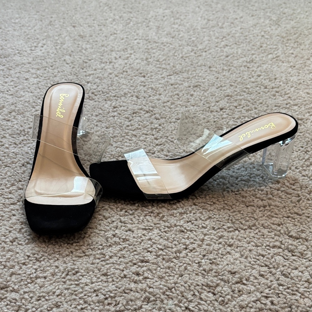 Bonnibel Strappy Slip On With Transparent Vinyl Straps And Clear Block Heel